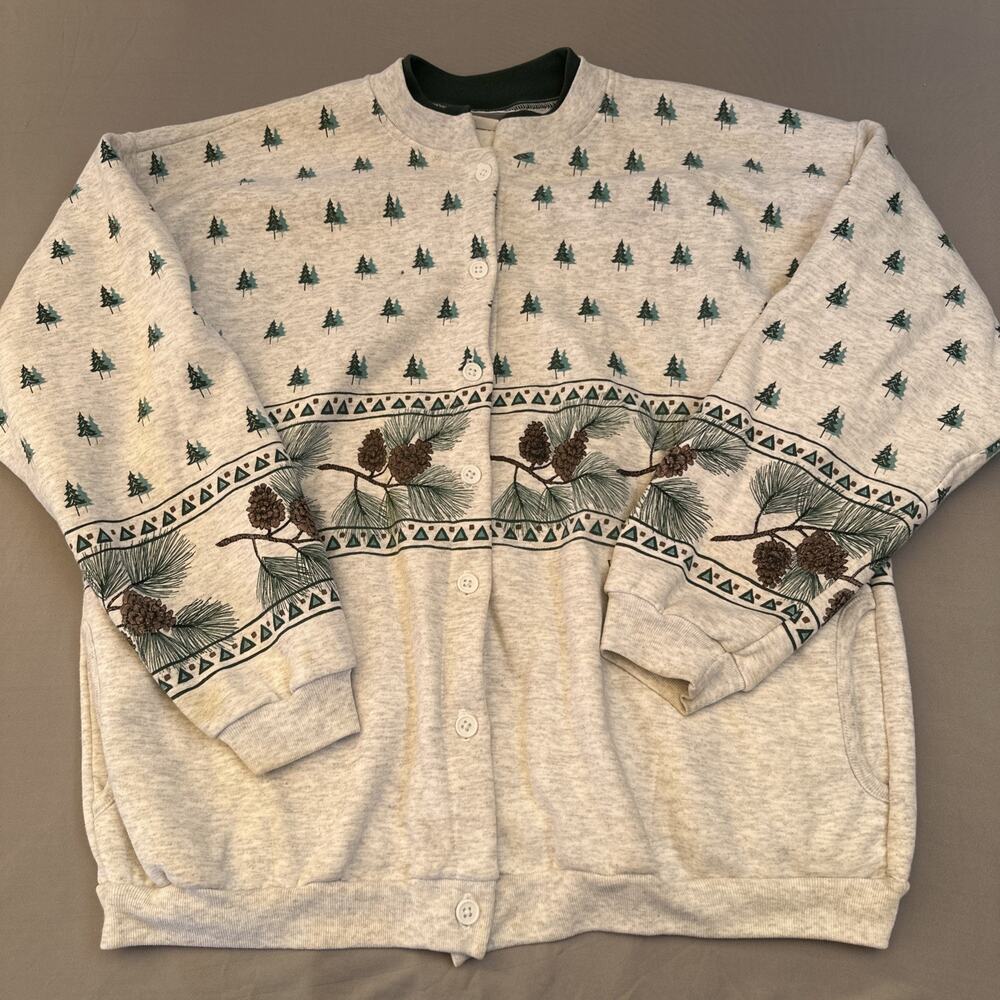 VTG Artisan Sunchein Designs Sweatshirt XL Yellowstone Forest Pinecone‎ AOP